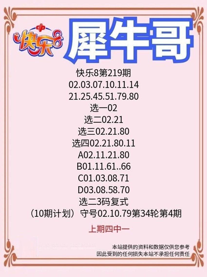 2026219期犀牛哥福彩快乐8分析推荐