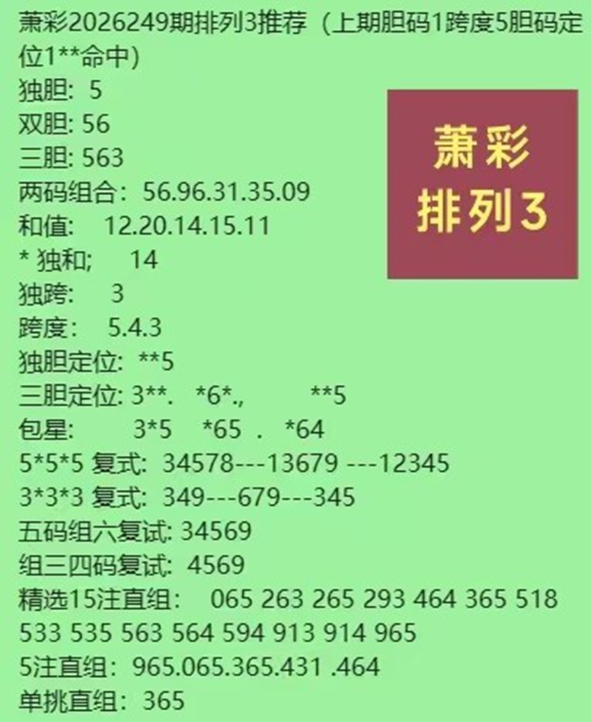 2026249期萧彩排列三推荐
