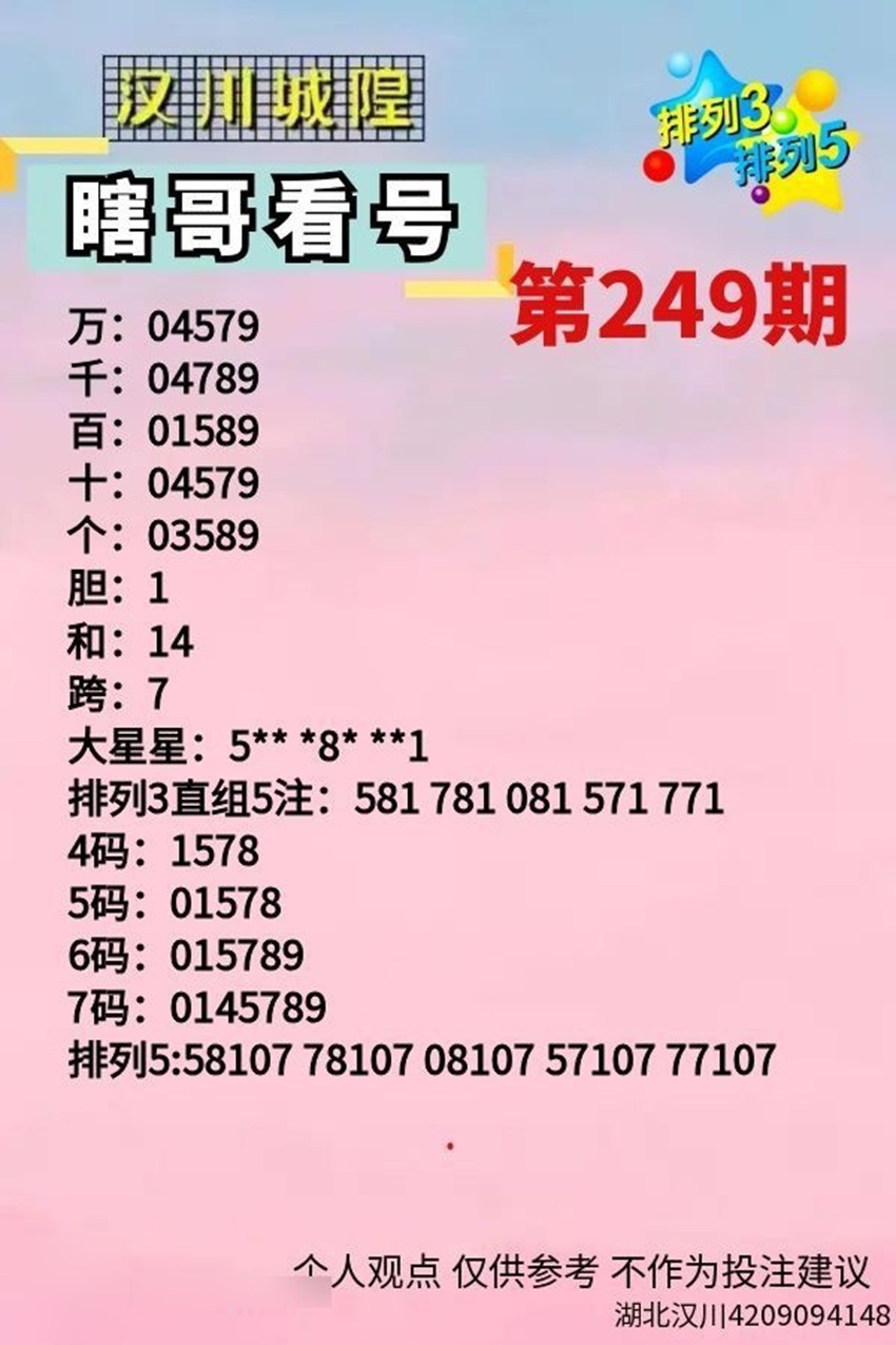 2026249期汉川城隍瞎哥看号排列三推荐