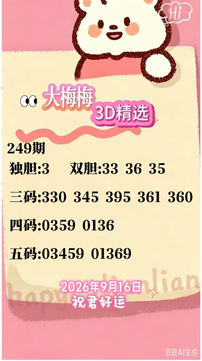 2026249期大梅梅福彩3D分析推荐