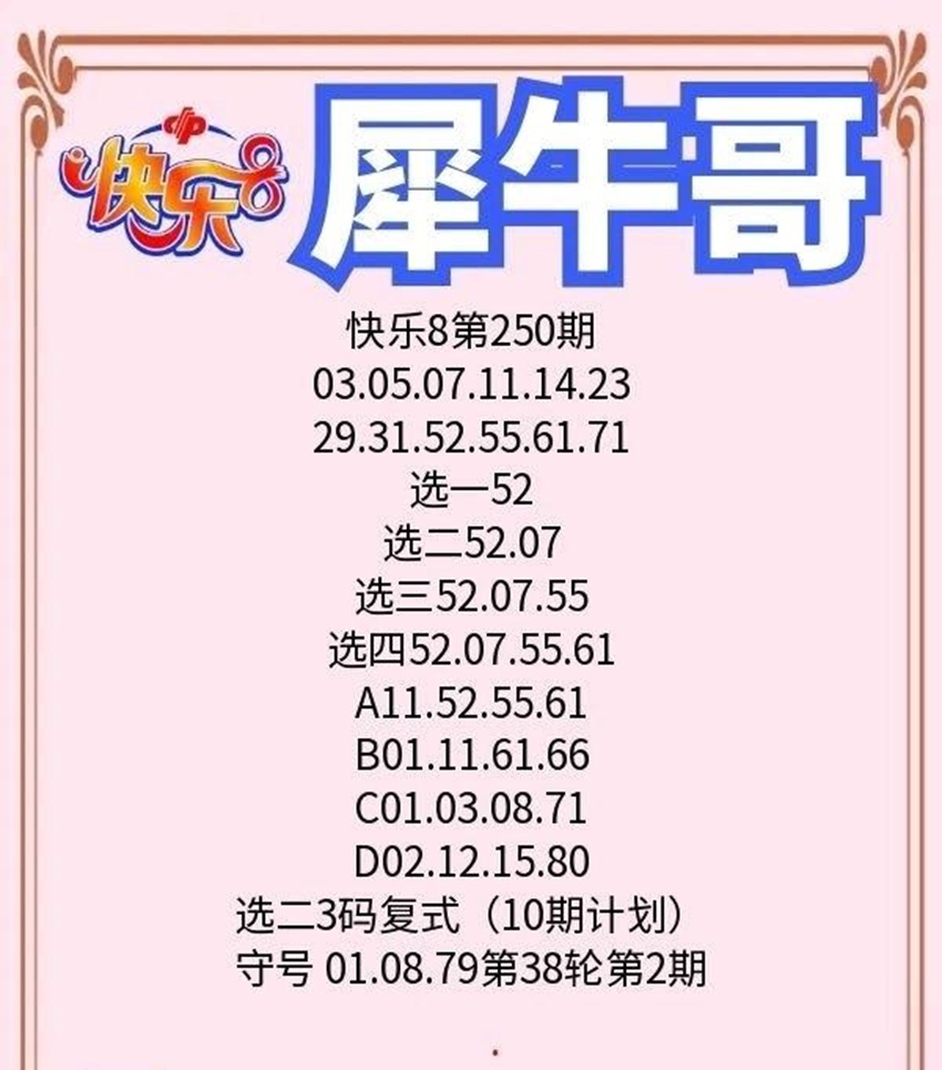 2026250期犀牛哥福彩快乐8分析推荐