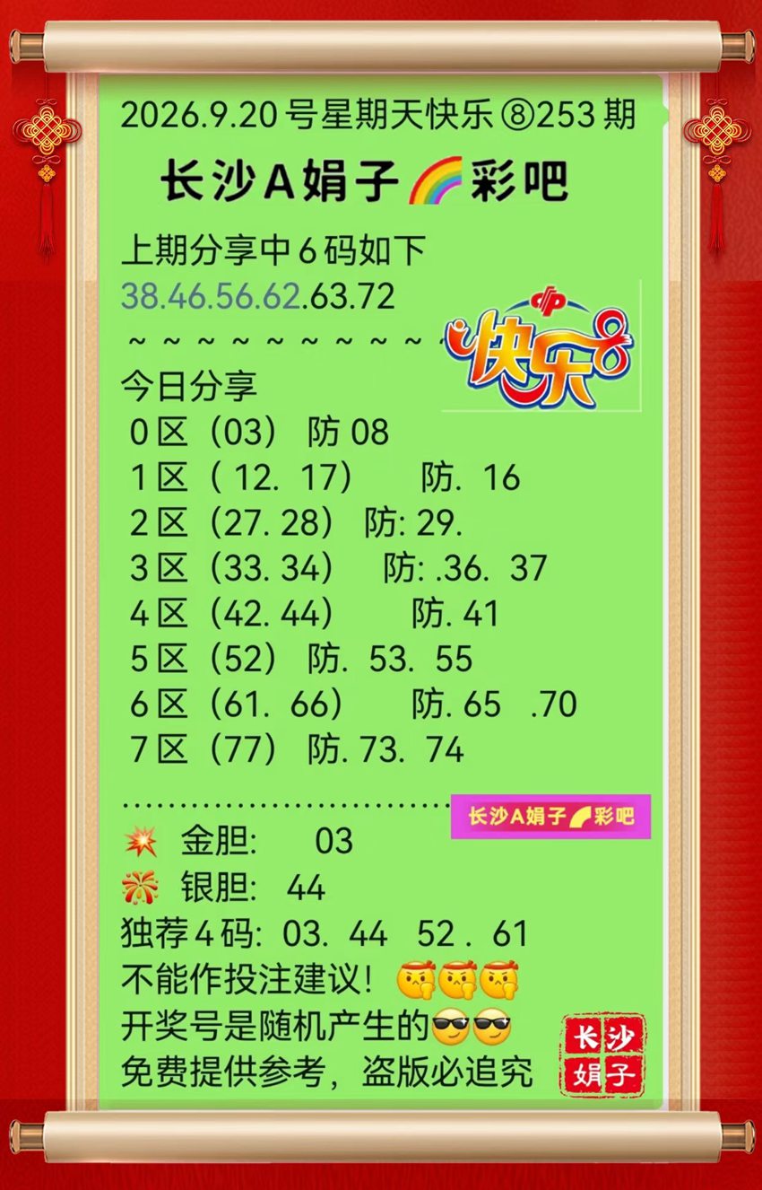 2026253期长沙A娟子彩吧福彩快乐8分析推荐