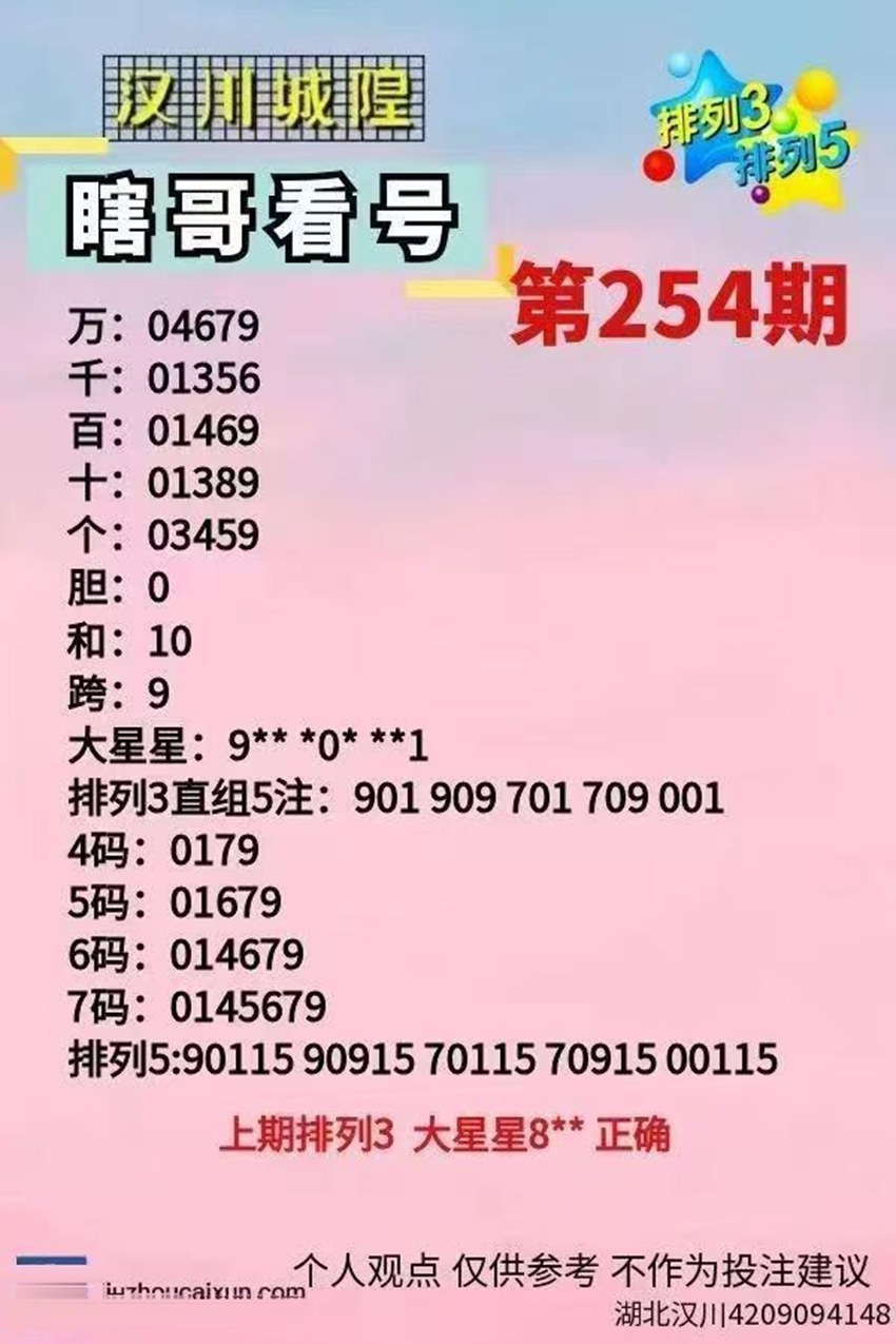 2026254期汉川城隍瞎哥看号排列三推荐