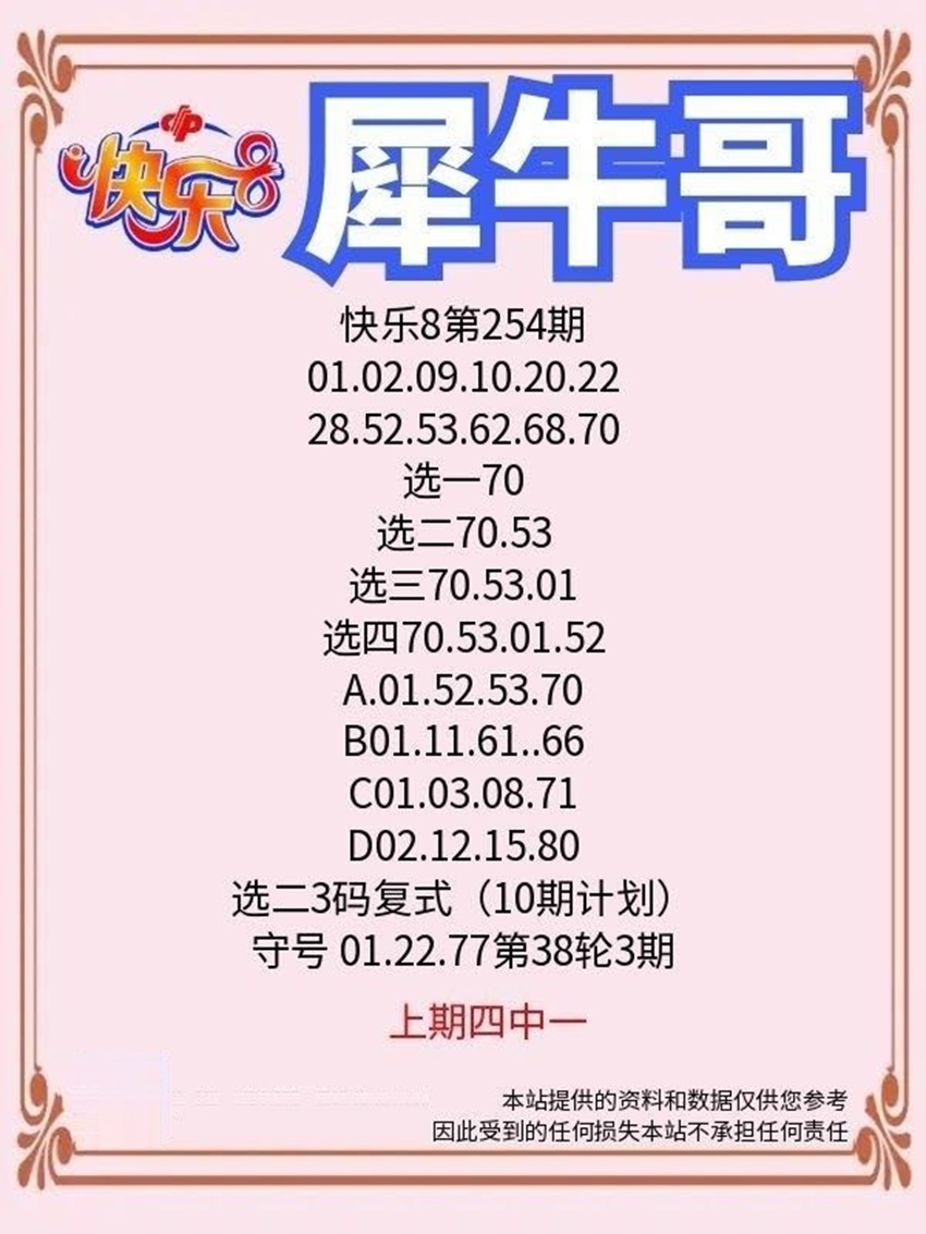 2026254期犀牛哥福彩快乐8分析推荐