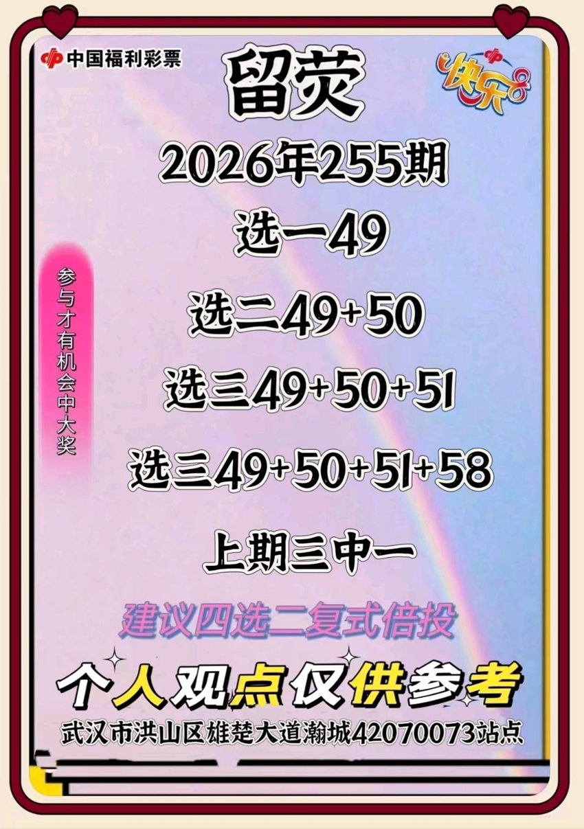 2026255期留荧福彩快乐8分析推荐