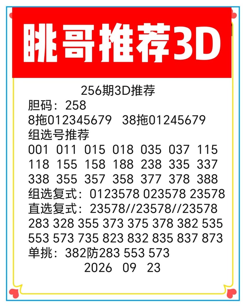 2026256期眺哥福彩3D分析推荐