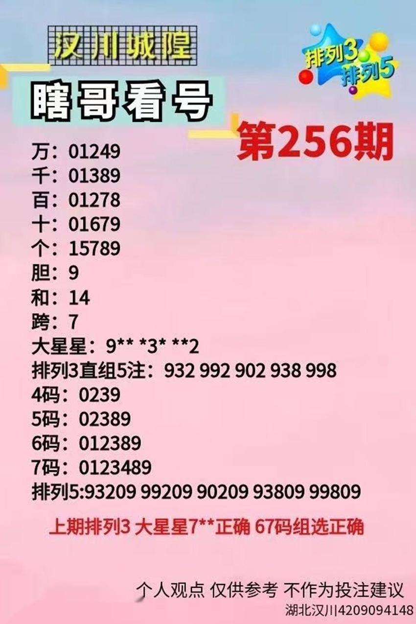 2026256期汉川城隍瞎哥看号排列三分析推荐