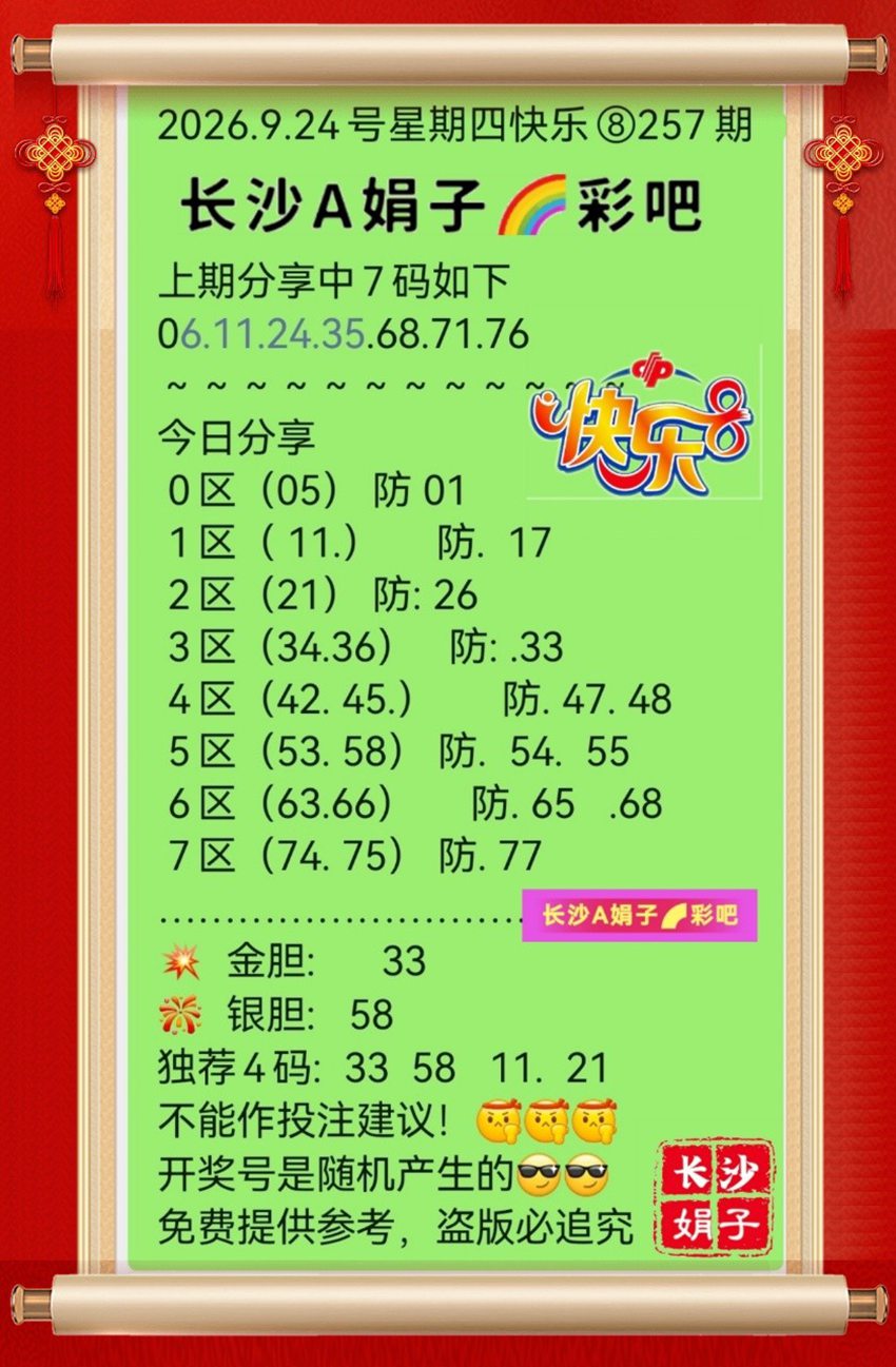 2026257期长沙A娟子彩吧福彩快乐8分析推荐