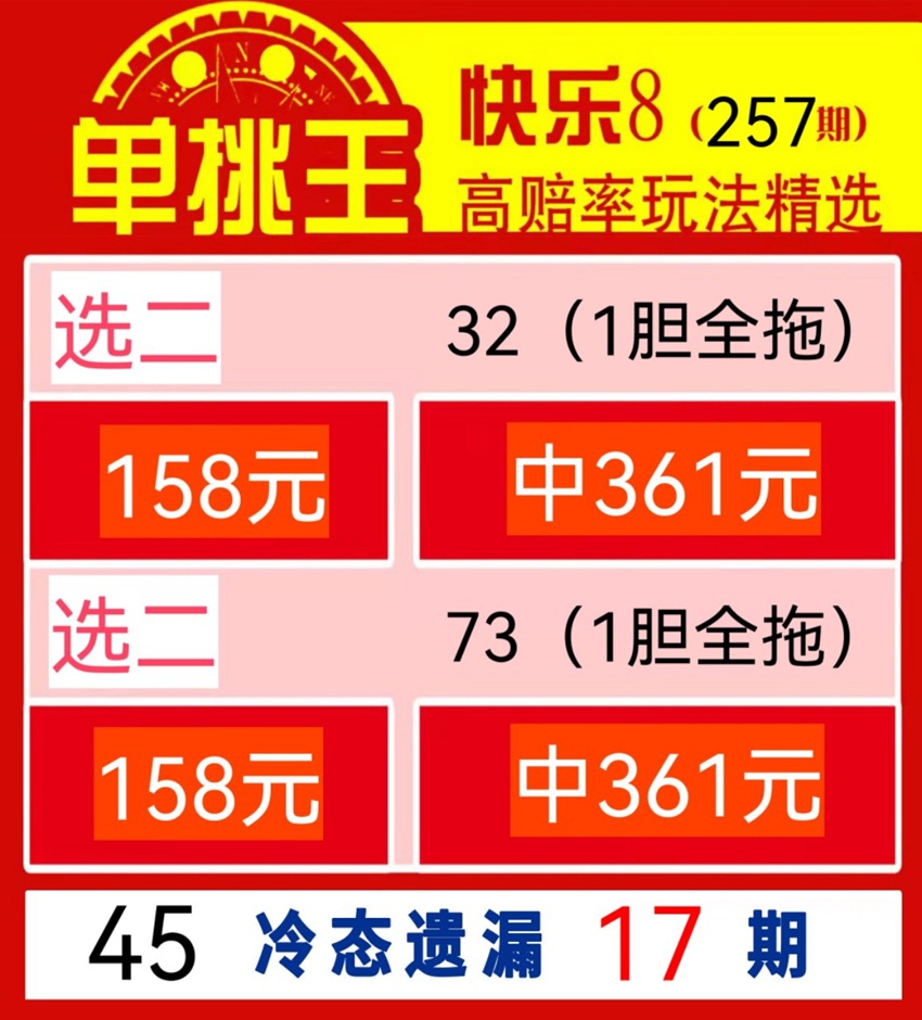 2026257期单挑王福彩快乐8分析推荐