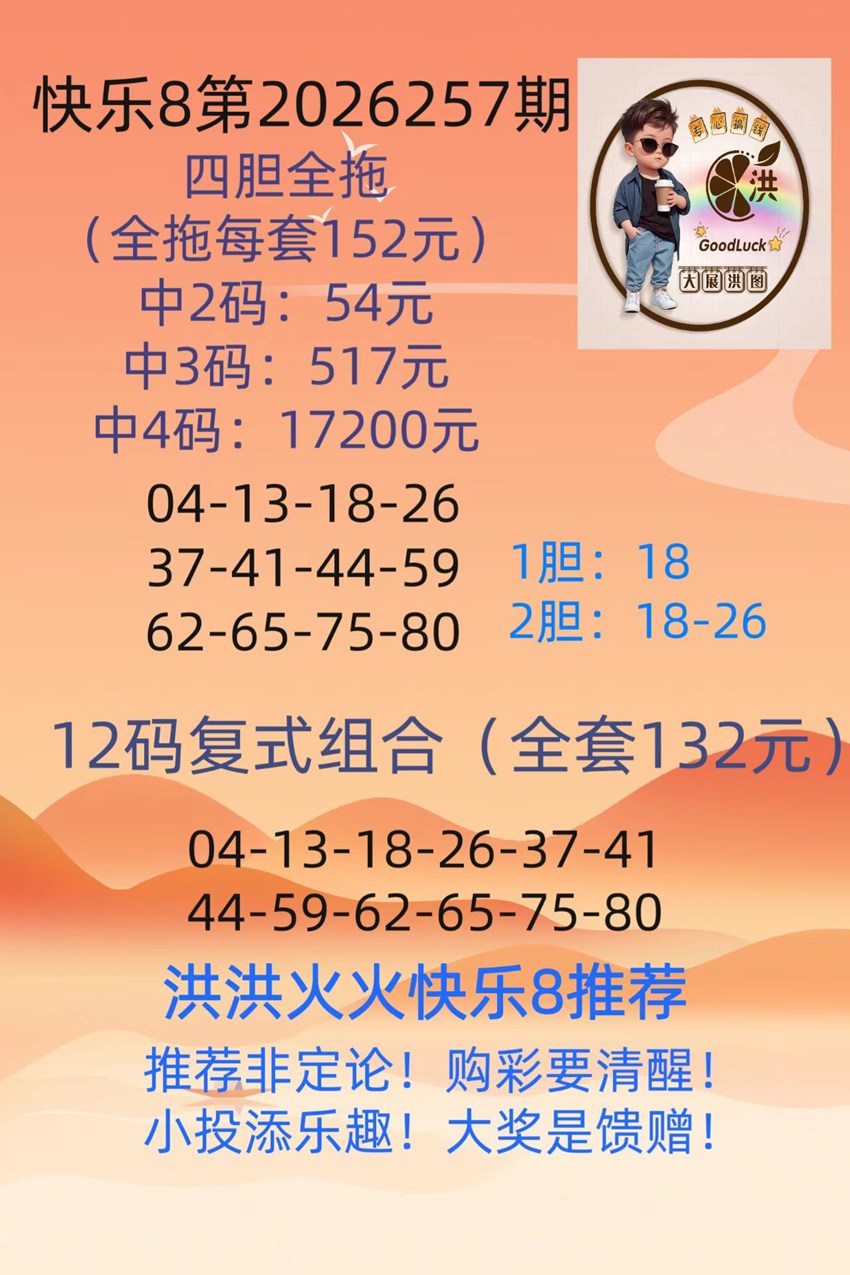 2026257期洪洪火火福彩快乐8分析推荐